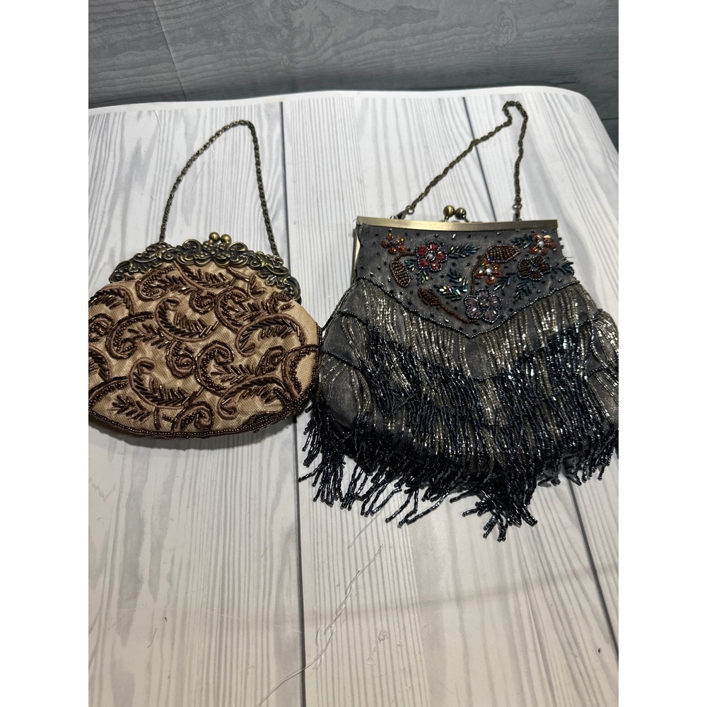 Vintage Beaded Evening‎ Clutch Purses Set of 2 Kiss Lock Frame Chain Strap